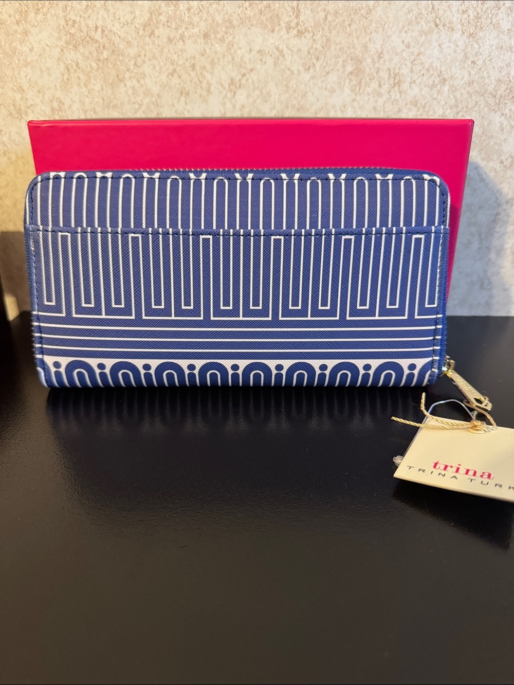 Trina Turk Navy and White Geometric Zip-Around Wallet